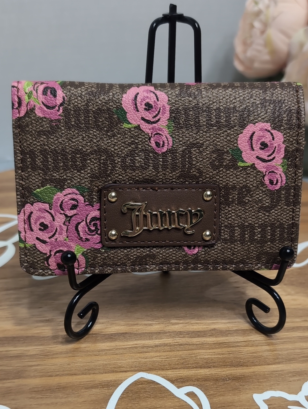 Juicy Couture Brown Wallet with Pink Rose Pattern